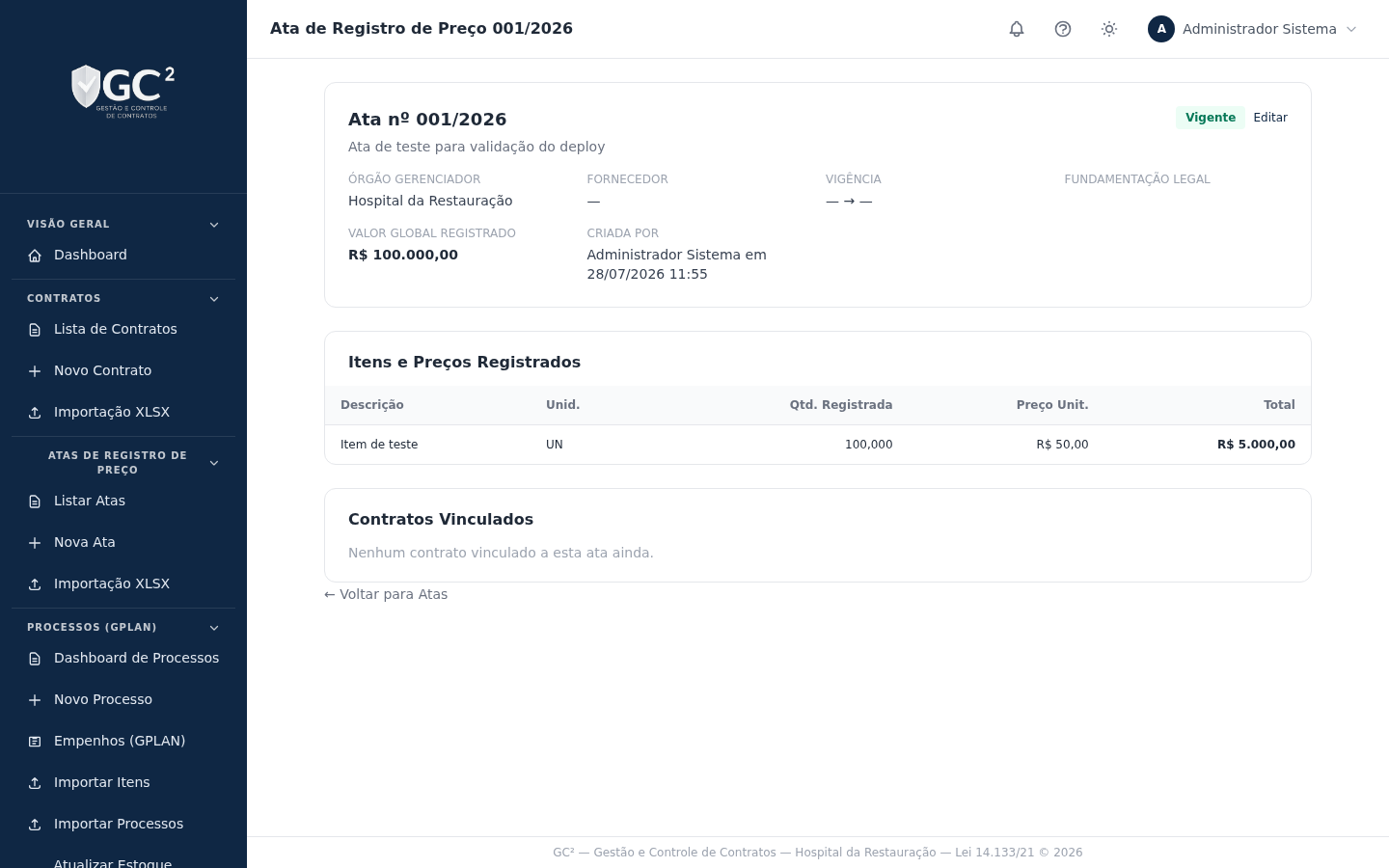 Tela: Atas e saldo consumido