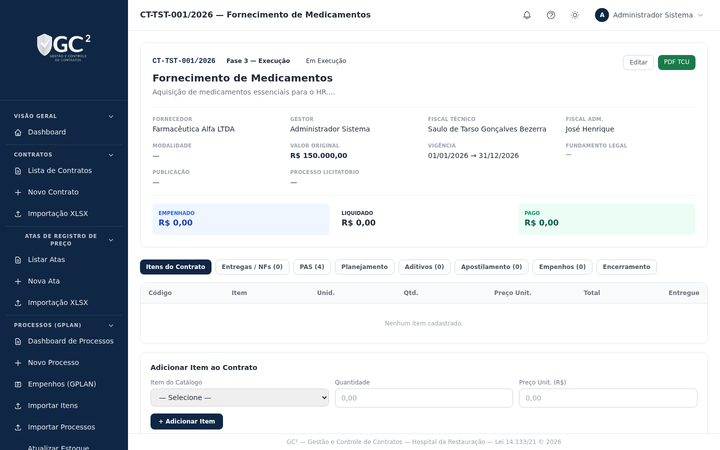 Tela: Ciclo de vida completo do contrato