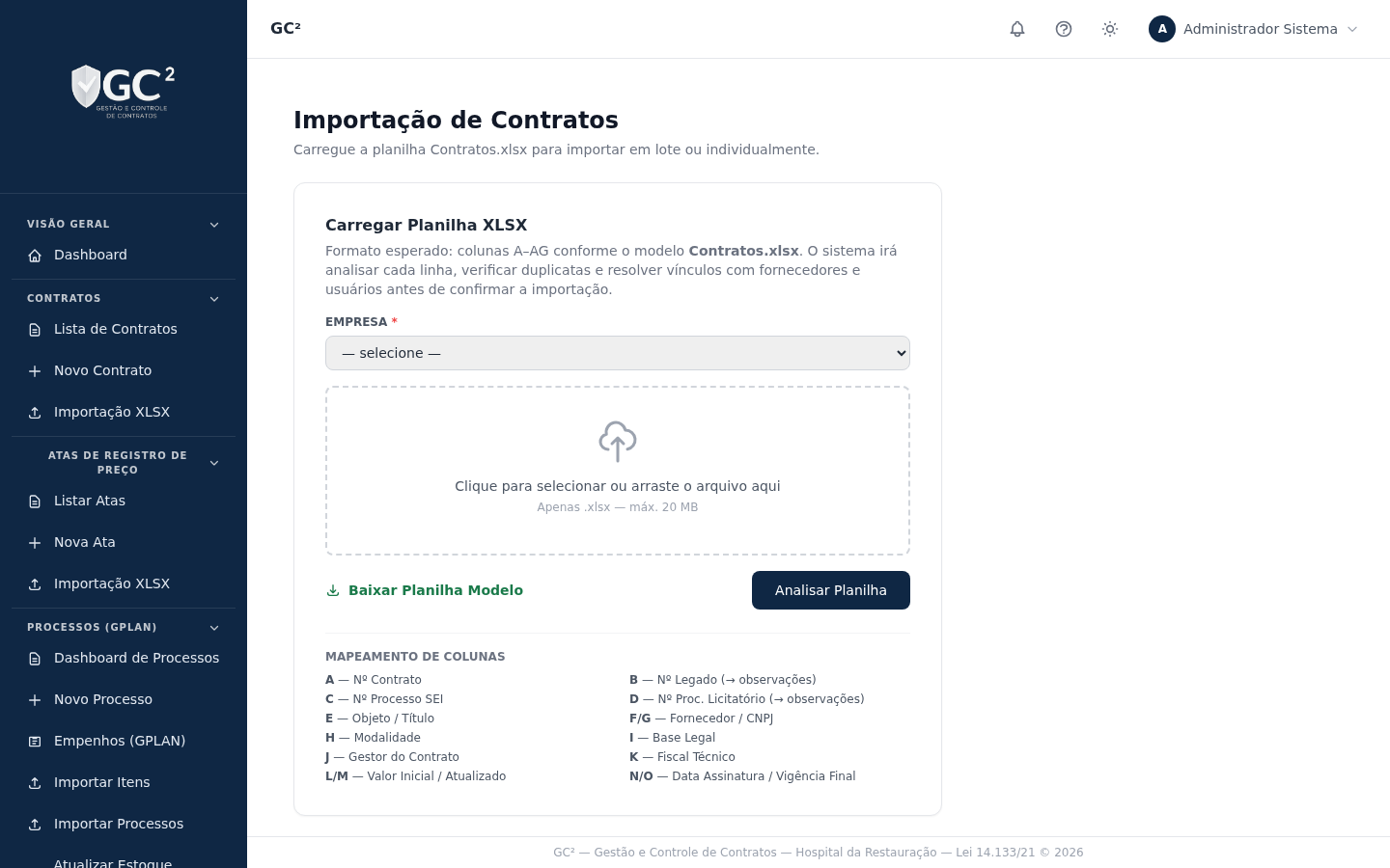 Tela: Carga em lote por planilha