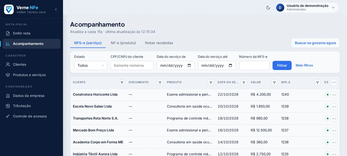 Acompanhamento das notas fiscais emitidas no Verne NFe